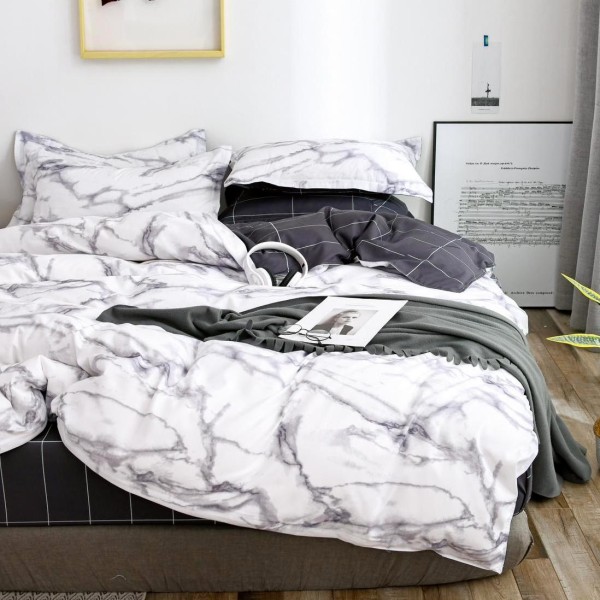 Lenjerie pat dublu, bumbac satinat,  cu elastic, Gri, marmura [1]