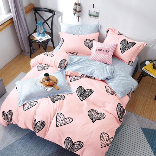 Lenjerie pat dublu, bumbac satinat,  cu elastic, Roz, inimioare [1]