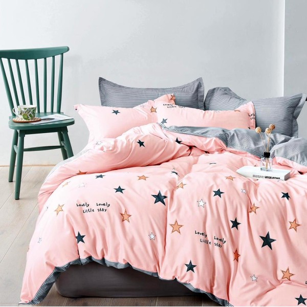 Lenjerie pat dublu, bumbac satinat,  cu elastic, Roz, stelute [1]