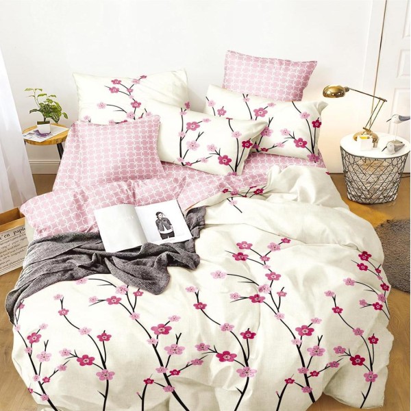 Lenjerie pat dublu, bumbac satinat,  cu elastic, Roz, flori [1]