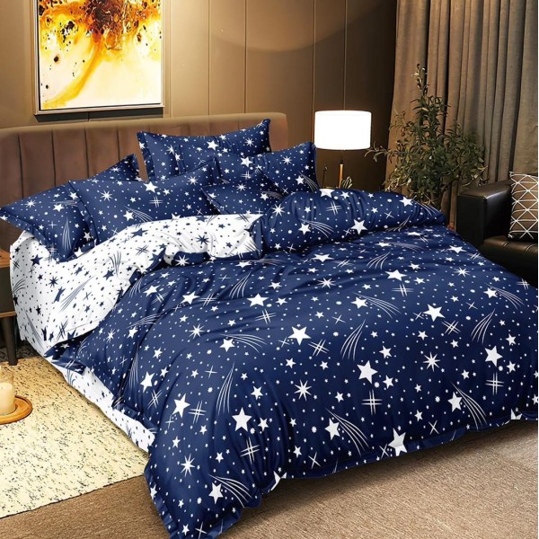 Lenjerie pat dublu, bumbac satinat,  cu elastic, Albastru, stelute [1]
