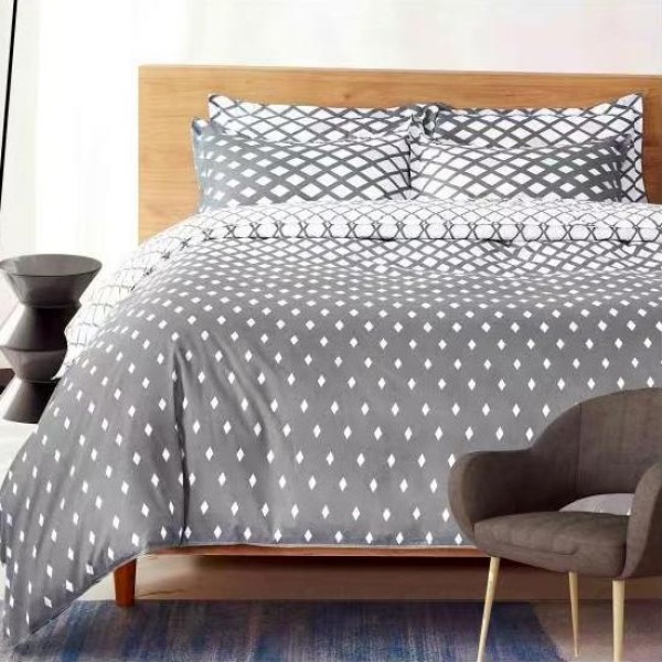 Lenjerie pat dublu, bumbac satinat,  cu elastic, Gri, romburi [1]