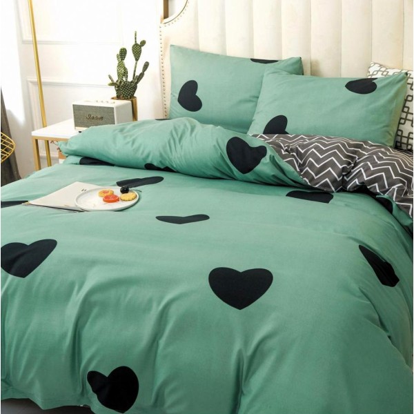 Lenjerie pat dublu, bumbac satinat,  cu elastic, Verde, inimioare [1]