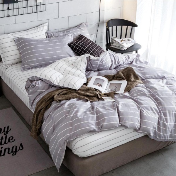 Lenjerie pat dublu, bumbac satinat,  cu elastic, Gri, dungi [1]