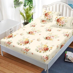 Cearsaf cu elastic, FINET, 180x200cm, 2 fete de perne 50x70cm, Crem, flori