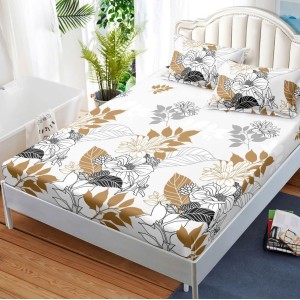 Cearsaf cu elastic, FINET, 180x200cm, 2 fete de perne 50x70cm, Maro, frunze