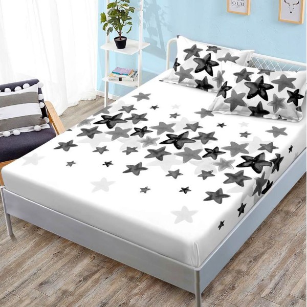 Cearsaf cu elastic, FINET, 180x200cm, 2 fete de perne 50x70cm, Gri, stelute [1]