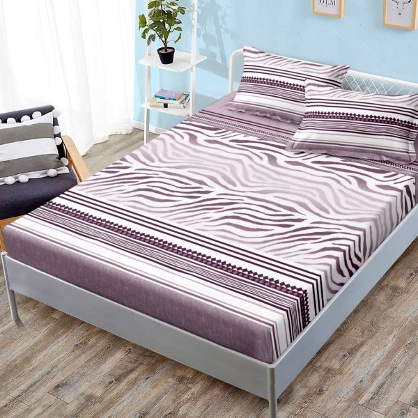 Cearsaf cu elastic, FINET, 180x200cm, 2 fete de perne 50x70cm, Mov, dungi [1]