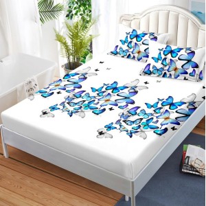 Cearsaf cu elastic, FINET, 180x200cm, 2 fete de perne 50x70cm, Albastru, fluturi