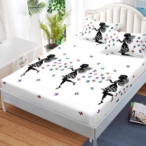 Cearsaf cu elastic, FINET, 180x200cm, 2 fete de perne 50x70cm, Negru, fluturi