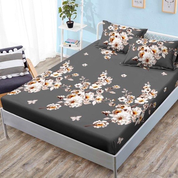 Cearsaf cu elastic, FINET, 180x200cm, 2 fete de perne 50x70cm, Gri, flori [1]