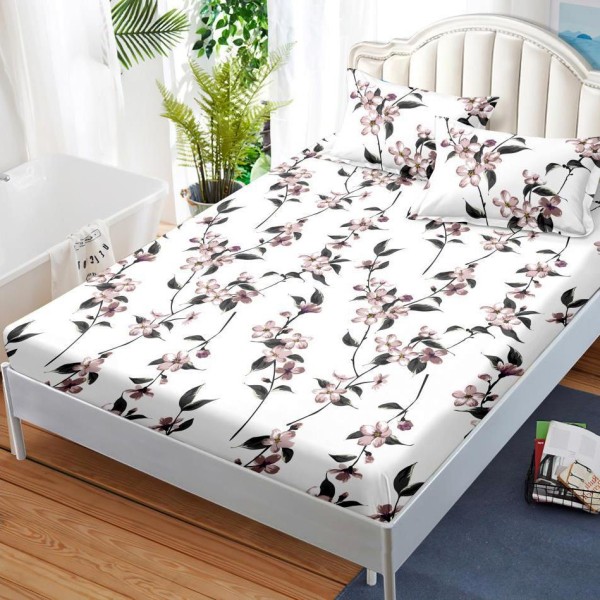 Cearsaf cu elastic, FINET, 180x200cm, 2 fete de perne 50x70cm, Bej, flori [1]