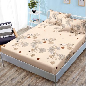 Cearsaf cu elastic, FINET, 180x200cm, 2 fete de perne 50x70cm, Bej, frunze