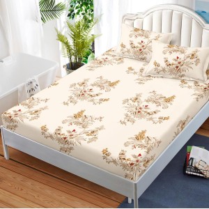 Cearsaf cu elastic, FINET, 180x200cm, 2 fete de perne 50x70cm, Bej, flori