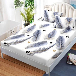 Cearsaf cu elastic, FINET, 180x200cm, 2 fete de perne 50x70cm, Albastru, pene, fluturi