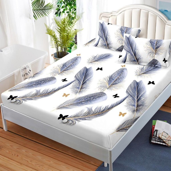 Cearsaf cu elastic, FINET, 180x200cm, 2 fete de perne 50x70cm, Albastru, pene, fluturi [1]