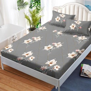 Cearsaf cu elastic, FINET, 180x200cm, 2 fete de perne 50x70cm, Gri, flori