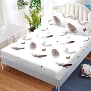 Cearsaf cu elastic, FINET, 180x200cm, 2 fete de perne 50x70cm, Gri, pene, fluturi