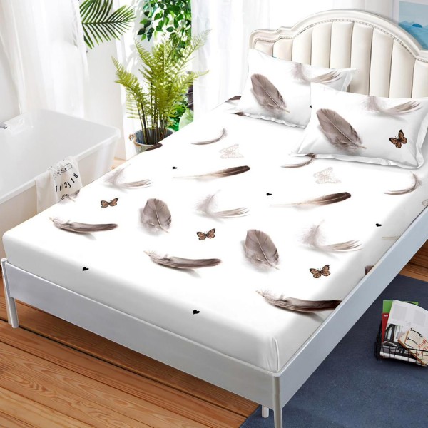 Cearsaf cu elastic, FINET, 180x200cm, 2 fete de perne 50x70cm, Gri, pene, fluturi [1]