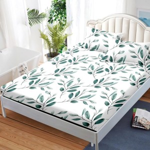 Cearsaf cu elastic, FINET, 180x200cm, 2 fete de perne 50x70cm, Verde, frunze