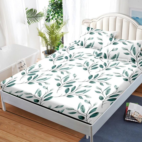 Cearsaf cu elastic, FINET, 180x200cm, 2 fete de perne 50x70cm, Verde, frunze [1]