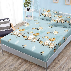 Cearsaf cu elastic, FINET, 180x200cm, 2 fete de perne 50x70cm, Bleu, flori