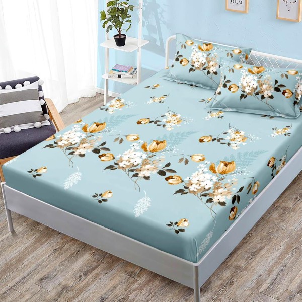 Cearsaf cu elastic, FINET, 180x200cm, 2 fete de perne 50x70cm, Bleu, flori [1]