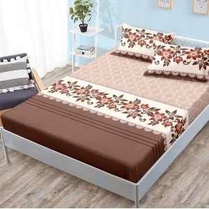 Cearsaf cu elastic, FINET, 180x200cm, 2 fete de perne 50x70cm, Maro, floral