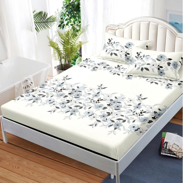 Cearsaf cu elastic, FINET, 180x200cm, 2 fete de perne 50x70cm, Gri, flori [1]