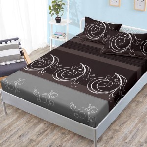 Cearsaf cu elastic, FINET, 180x200cm, 2 fete de perne 50x70cm, Maro, dungi