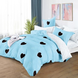 Lenjerie pat dublu, bumbac satinat,  cu elastic, Bleu, inimioare