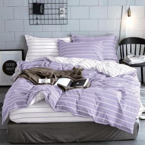 Lenjerie pat dublu, bumbac satinat,  cu elastic, Lila, dungi