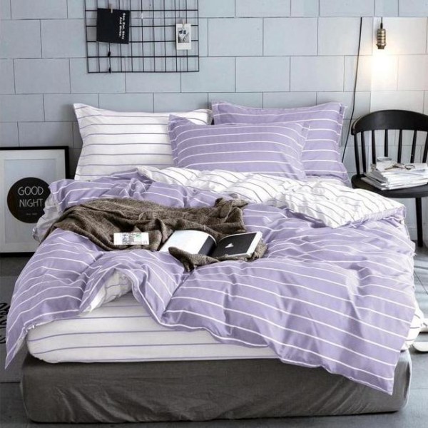 Lenjerie pat dublu, bumbac satinat,  cu elastic, Lila, dungi [1]