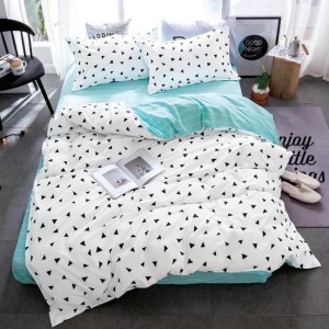 Lenjerie pat dublu, bumbac satinat,  cu elastic, Alb, forme geometrice