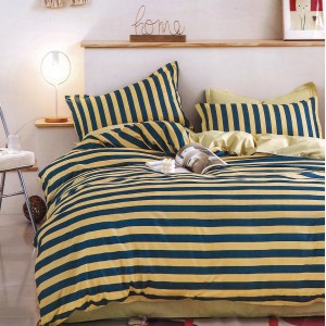 Lenjerie pat dublu, bumbac satinat,  cu elastic, Galben-Albastru, dungi