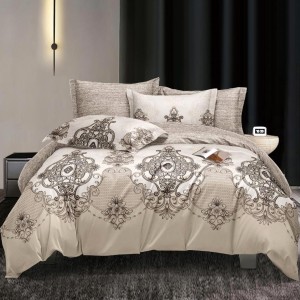 Lenjerie pat dublu, bumbac satinat,  cu elastic, Bej, model oriental