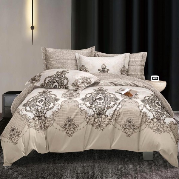 Lenjerie pat dublu, bumbac satinat,  cu elastic, Bej, model oriental [1]