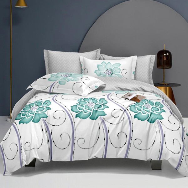 Lenjerie pat dublu, bumbac satinat,  cu elastic, Turquoise, flori [1]