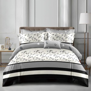 Lenjerie pat dublu, bumbac satinat,  cu elastic, Gri, dungi, crengute