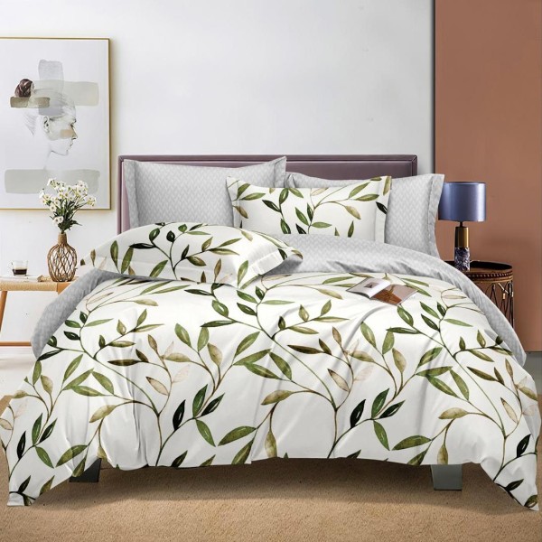 Lenjerie pat dublu, bumbac satinat,  cu elastic, Verde, frunze [1]