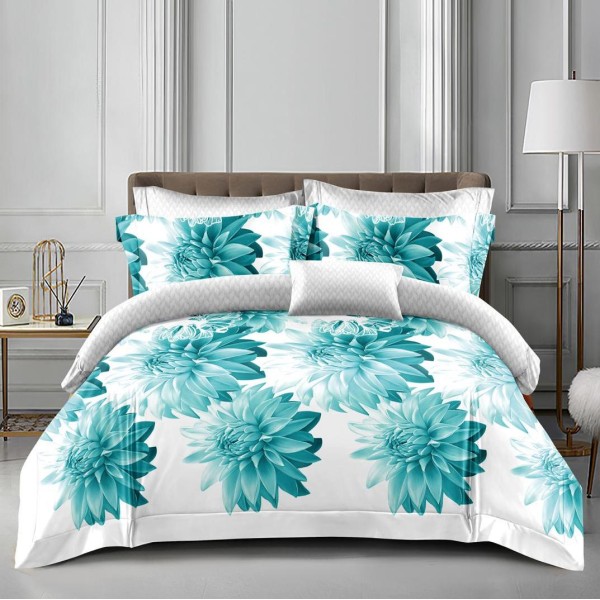 Lenjerie pat dublu, bumbac satinat,  cu elastic, Turquoise, flori [1]