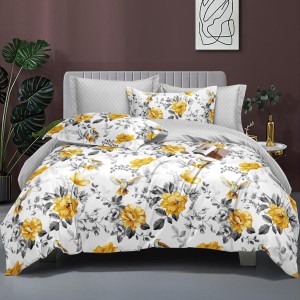 Lenjerie pat dublu, bumbac satinat,  cu elastic, Galben, flori