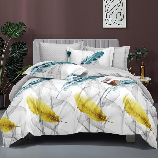 Lenjerie pat dublu, bumbac satinat,  cu elastic, Gri, pene [1]