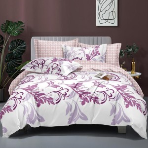 Lenjerie pat dublu, bumbac satinat,  cu elastic, Mov, floral