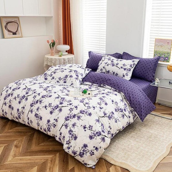 Lenjerie pat dublu, bumbac satinat,  cu elastic, Mov, flori [1]