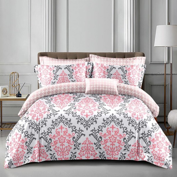 Lenjerie pat dublu, bumbac satinat,  cu elastic, Roz, oriental [1]