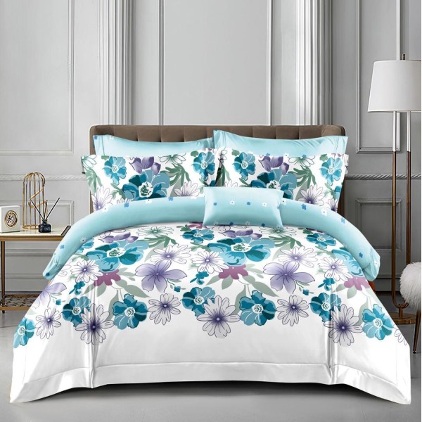 Lenjerie pat dublu, bumbac satinat,  cu elastic, Bleu, flori [1]