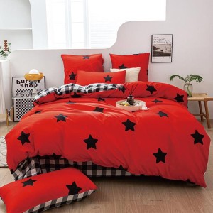 Lenjerie pat dublu, bumbac satinat,  cu elastic, Rosu, stelute