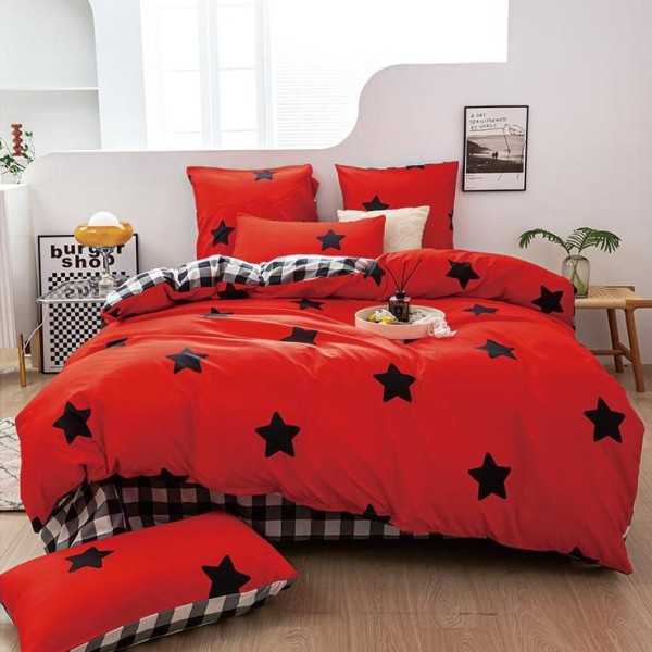 Lenjerie pat dublu, bumbac satinat,  cu elastic, Rosu, stelute [1]