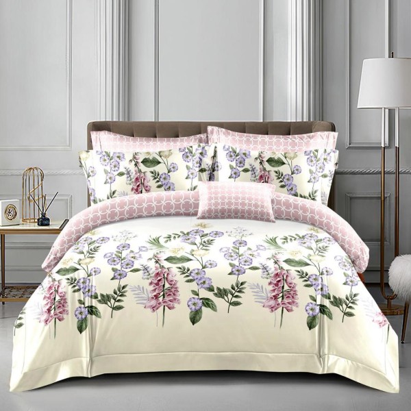 Lenjerie pat dublu, bumbac satinat,  cu elastic, Roz, flori [1]